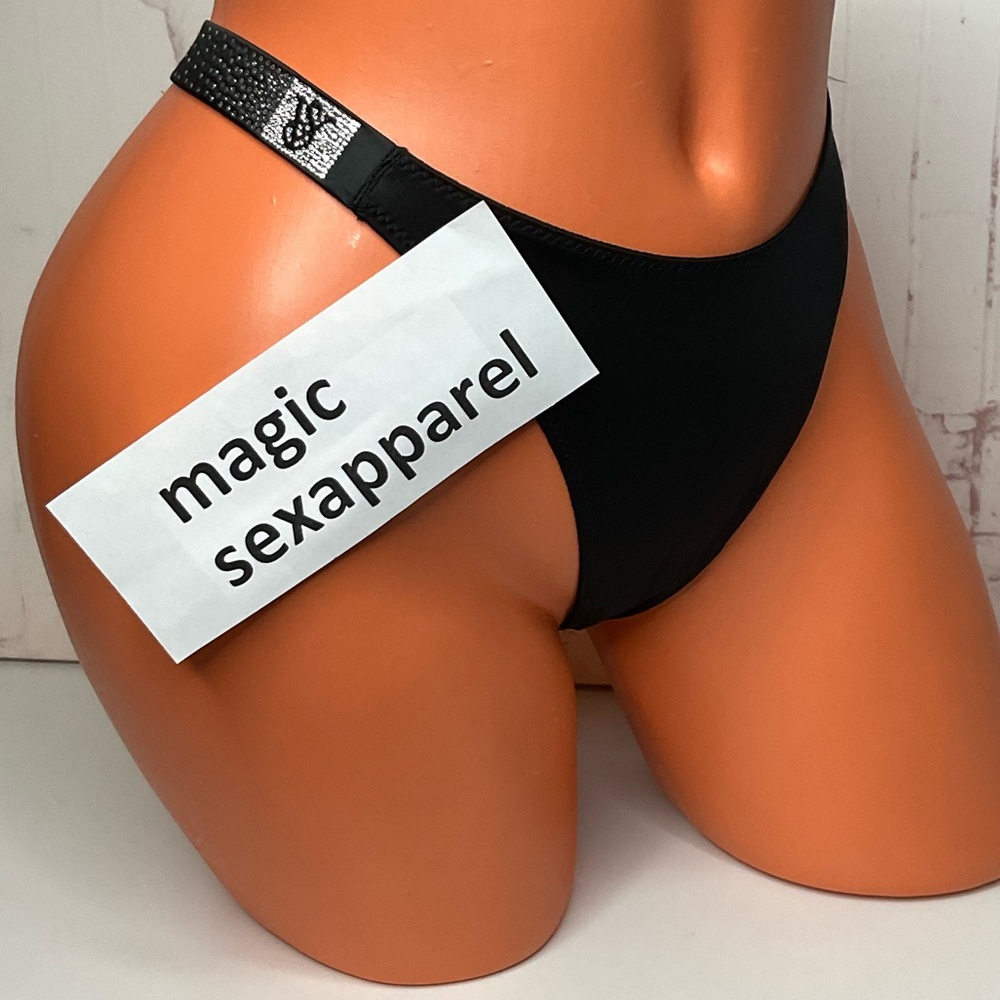VS M SHINE STRAP LOGO BOMBSHELL THONG SMOOTH PANTY BLING SATIN HIGH LEG BLACK